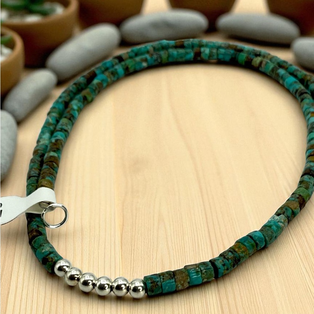 Navajo Sterling Silver & Turquoise Heishi Bead Necklace Polished Silver Accents